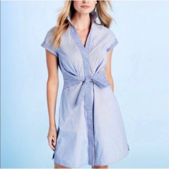 Tie Front Mix Stripe Shirt Seersucker Dress - Picture 1 of 6